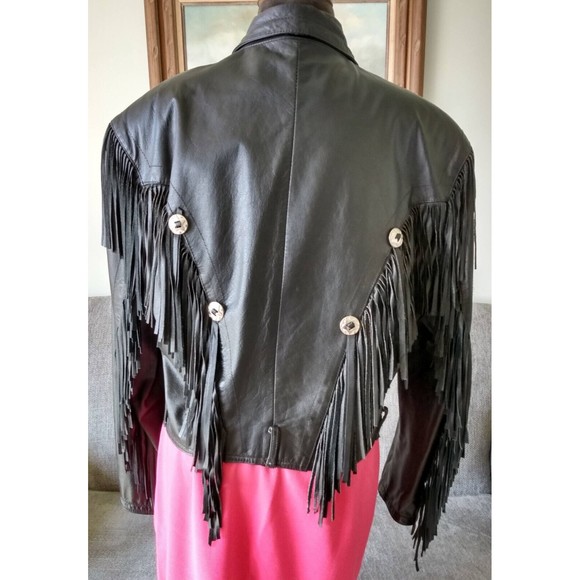 Womans Black Leather Biker Motorcycle Jacket Sz Med Excellent Vtg Fringe Short - Picture 4 of 9